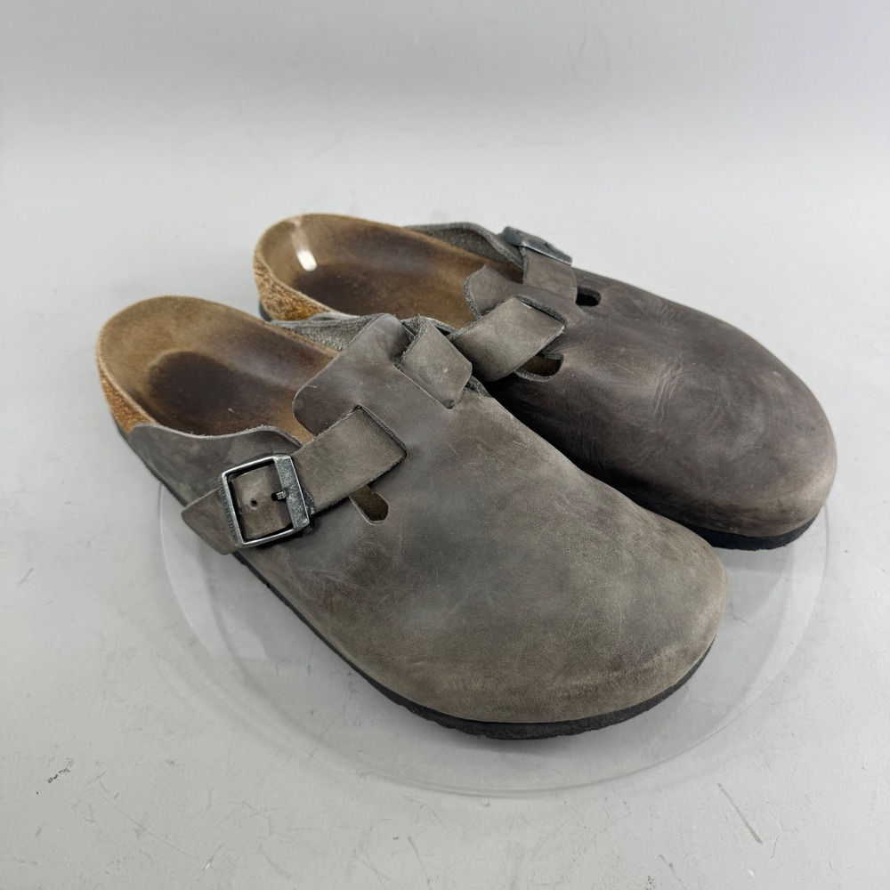 Birkenstock Boston Clogs London Oiled Leather Closed Toe Buckle Taupe Gray 44